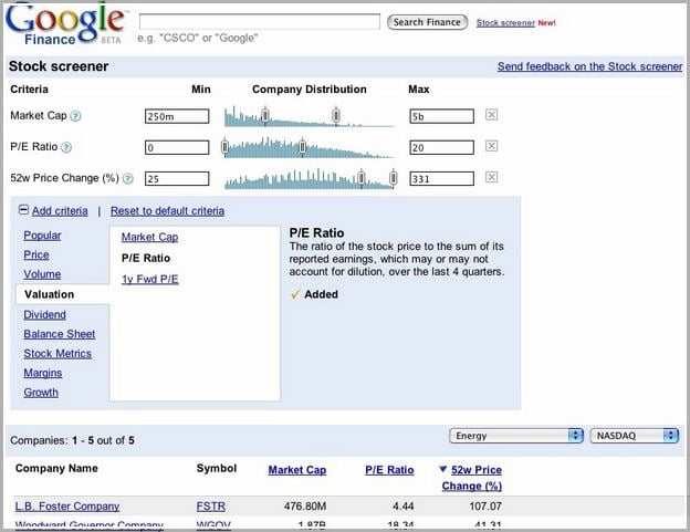 Google Finance Stock Screener Tool