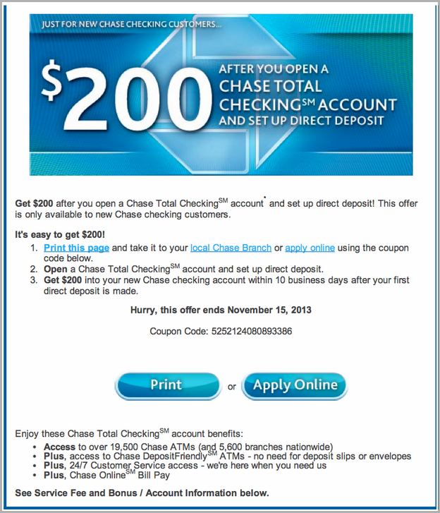 Open Chase Checking Account Coupon